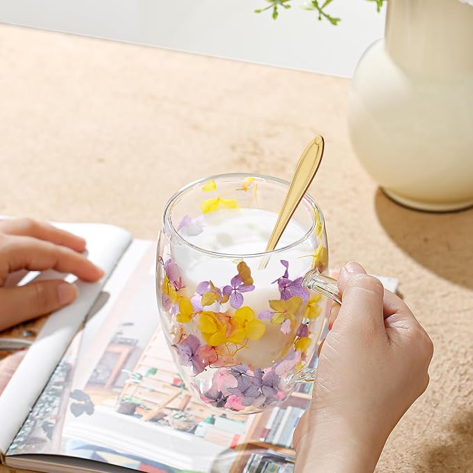 Double Wall Glass Coffee Mugs, Aesthetic Dried Flowers Cups