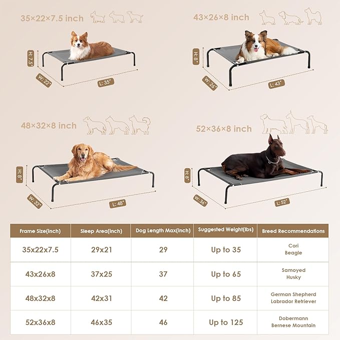 EHEYCIGA Elevated Dog Cot Beds for Large Dogs, Raised Outdoor Dog Hammock, Lifted Pet Platform with Frame and Washable Waterproof Cooling Teslin Mesh and Anti-Slip Feet, 43x26 inch