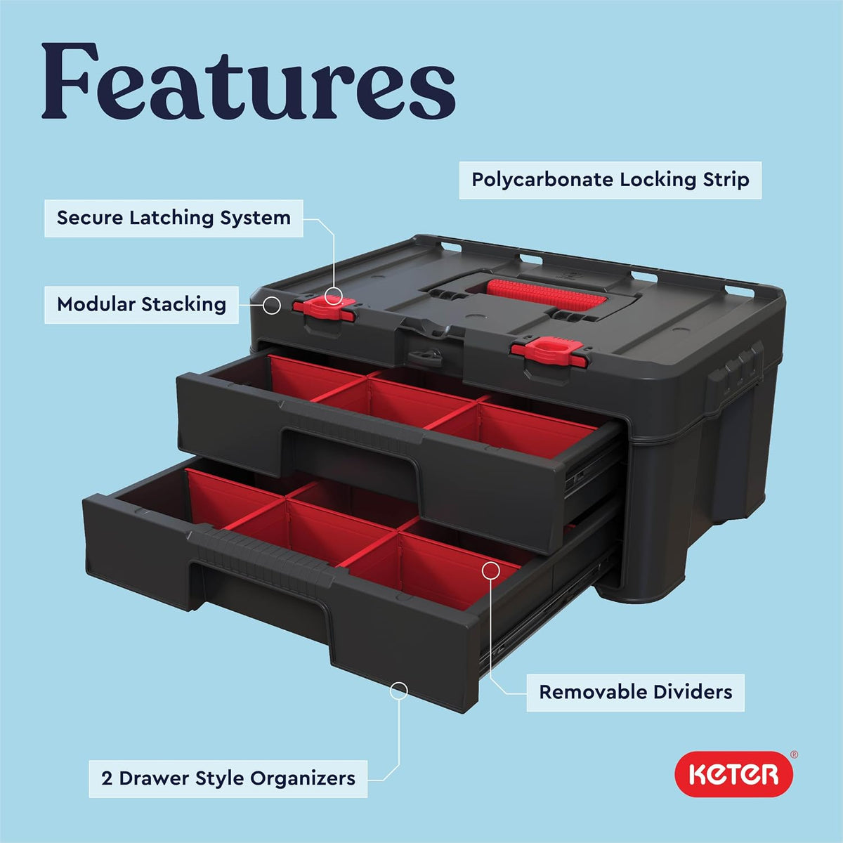 Keter Stack-n-Roll Two Drawer Tool Box for Small Parts and Power Tool Accessories, Fits Keter Modular Tool Storage System