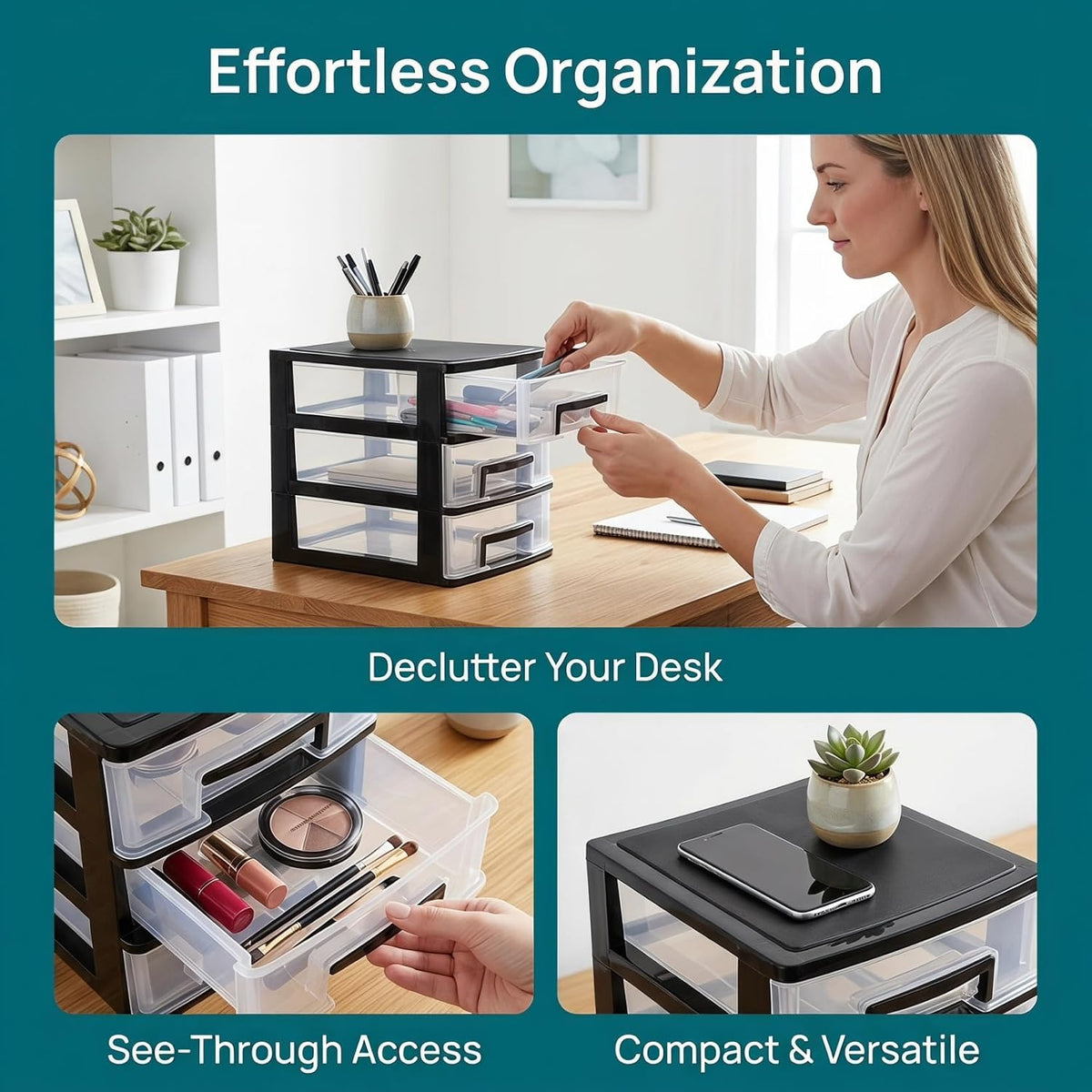 DOITOOL 3 Drawer Desk Organizers, Plastic Home Office Storage Organizer, Makeup Organizer Storage Station Cubes, Cosmetics Jewelry Storage Box for Bathroom, Dorm, Desk, Office