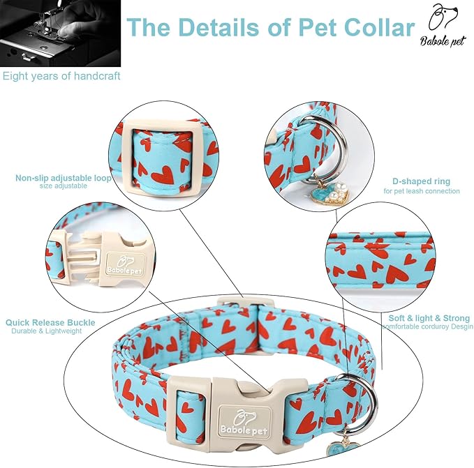 Valentines Dog Collar for Large Dogs - Cute Valentine Blue Dog Collars, Adjustable Puppy Red Hearts Collar with Quick Release Buckle for Boys&Girls Dogs L