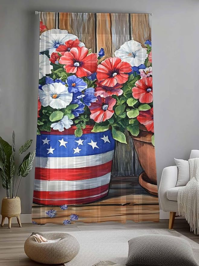 Sheer Curtains 108 Inches Long, Retro Independence Day Flag Wood Grain Privacy