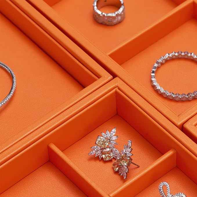 Oirlv Luxury Orange Leather Jewelry Tray Stackable Flat Jewelry Drawer