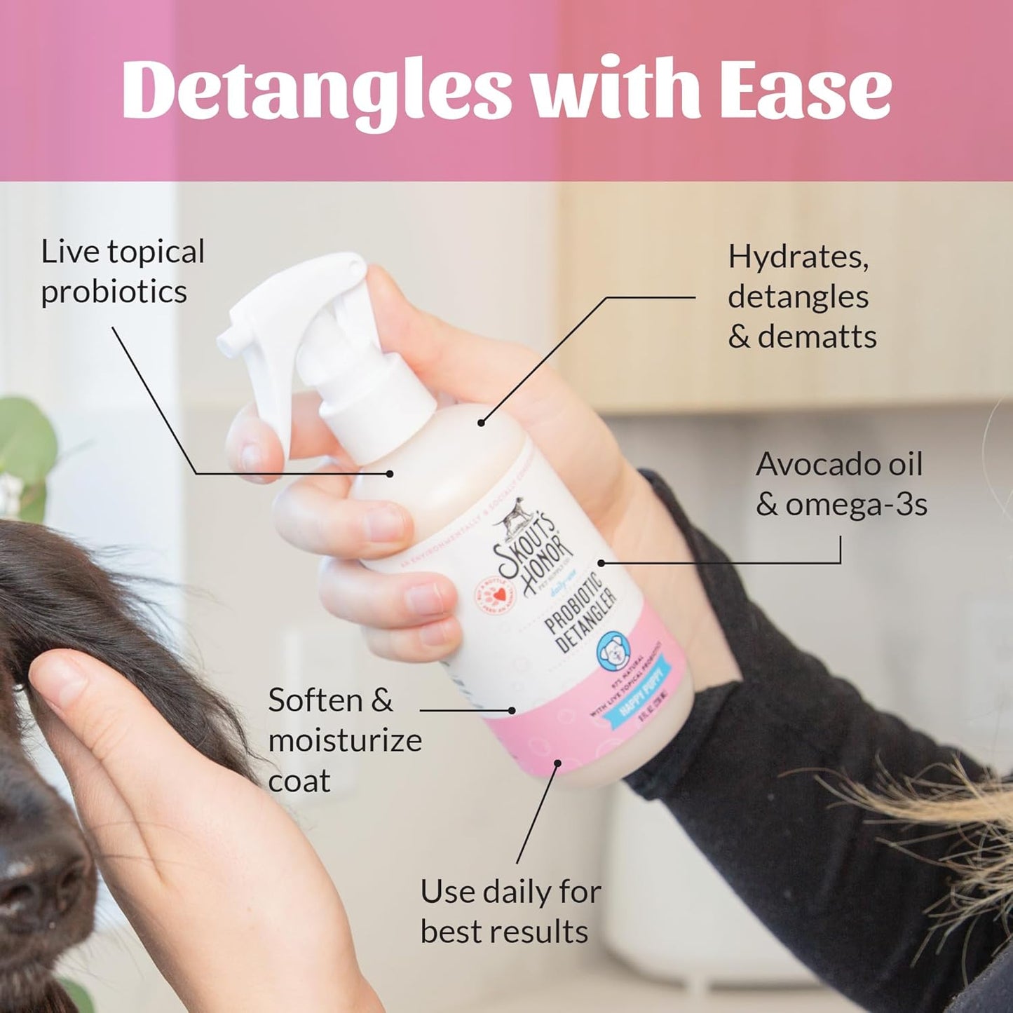 Skout's Honor Pet Detangler Spray - Hydrating & Conditioning with Avocado Oil & Probiotics, 97% Natural, Paraben & Sulfate-Free, softens for a More brushable Coat, Daily Use, 8oz, Happy Puppy, 2-Pack