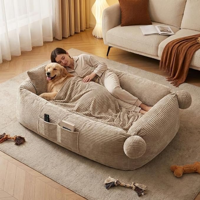 GarveeHome Human Sized Dog Bed, 71" x 45" x 12" Large Dog Bed with 2 Storage Pockets,Faux Fur Orthopedic Pet Bean Bed for Adults & Giant Pets - Khika