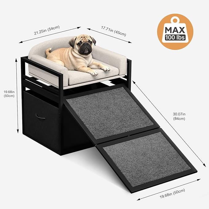 Non Slip Dog Ramp with Seat & Storage Drawers,Extra Wide Doggie Stairs,Metal Frame Puppy Chair for High Bed Couch Office,Dachshunds Ladder,Washable Cushion Pet Step for Small Old Pets Khaki
