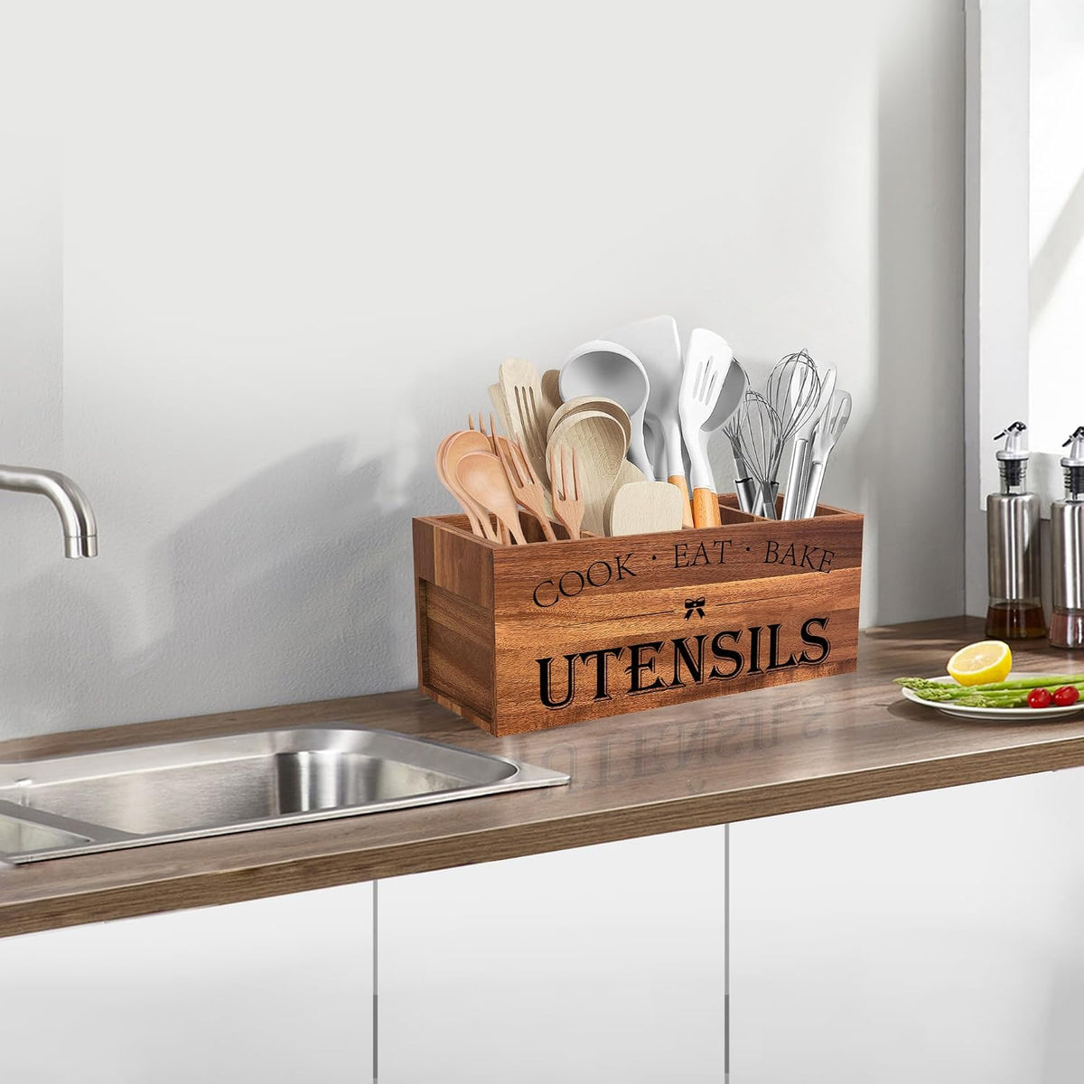 Suli Extra Large Utensil Holder Countertop for Kitchen Counter,Acacia Wood