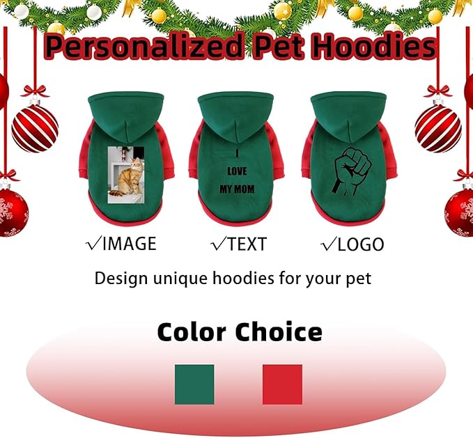 Custom Dog Hoodie, Personalized Sweatshirt with Photo Text Name Logo, Customized Hooded Sweater for Small Medium Large Dogs & Cats (Green + Red Border, M)