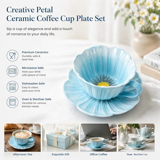 8.8 oz Tea Cups and Saucers, Flower-Shaped Ceramic Latte Art Cappuccino Cup and