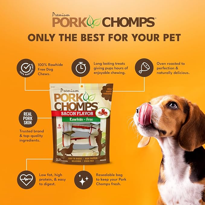Pork Chomps Baked Pork Skin Dog Chews, 6 Inch Knots, 8 Count, 1 Pack, Bacon Flavor - Long-Lasting Treats for Dogs - High Protein, Rawhide-Free, Low Fat, Healthy & Delicious Chews