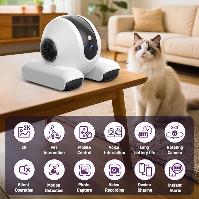 BABORUI Pet Camera Robot with 1080P HD Video, Two-Way Audio, Motion Tracking | Smart Pet Monitor with Night Vision, App Control, and Voice Interaction | Ideal for Dogs & Cats