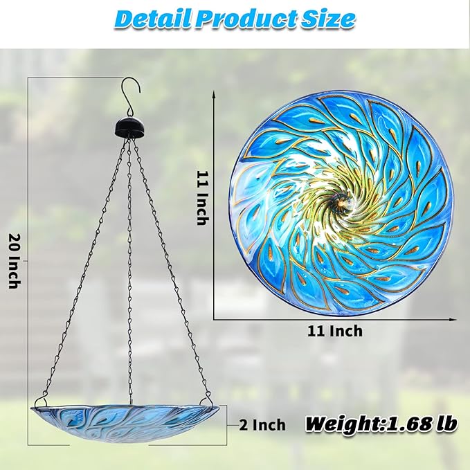 MUMTOP 11 inch Hanging Bird Bath Glass BirdBath Peacock Outdoor Birdfeeder for Garden Yard Decoration