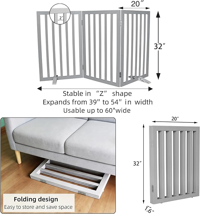 ZJSF Freestanding Indoor Dog Gate for House Foldable Wood Puppy Gate for Doorways Pet Gate for Stairs Extra Wide Pet Fence, Grey, 32" Height 3 Panels