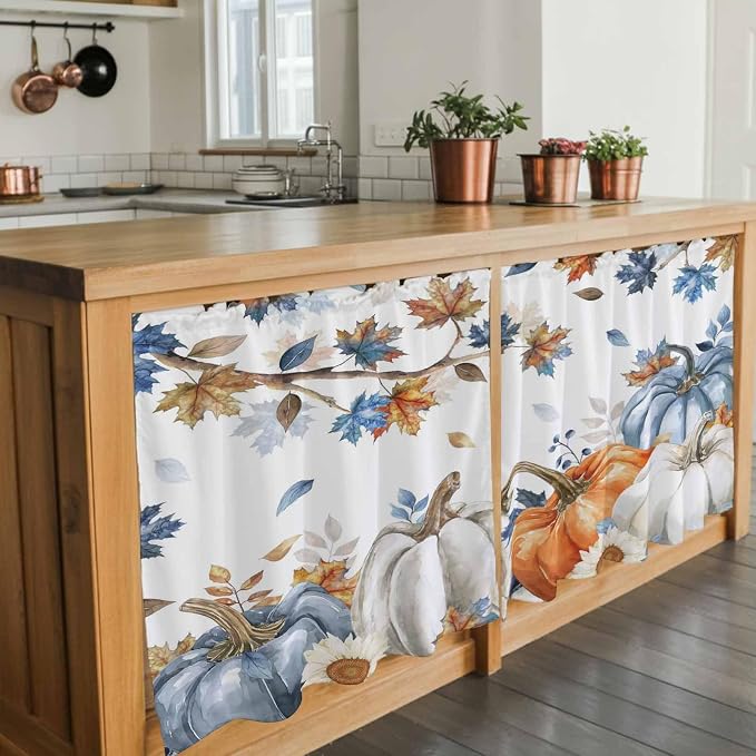 Navy Blue Pumpkin Fall Kitchen Tier Curtains 24 Inch Long 2 Panel Set, Rod