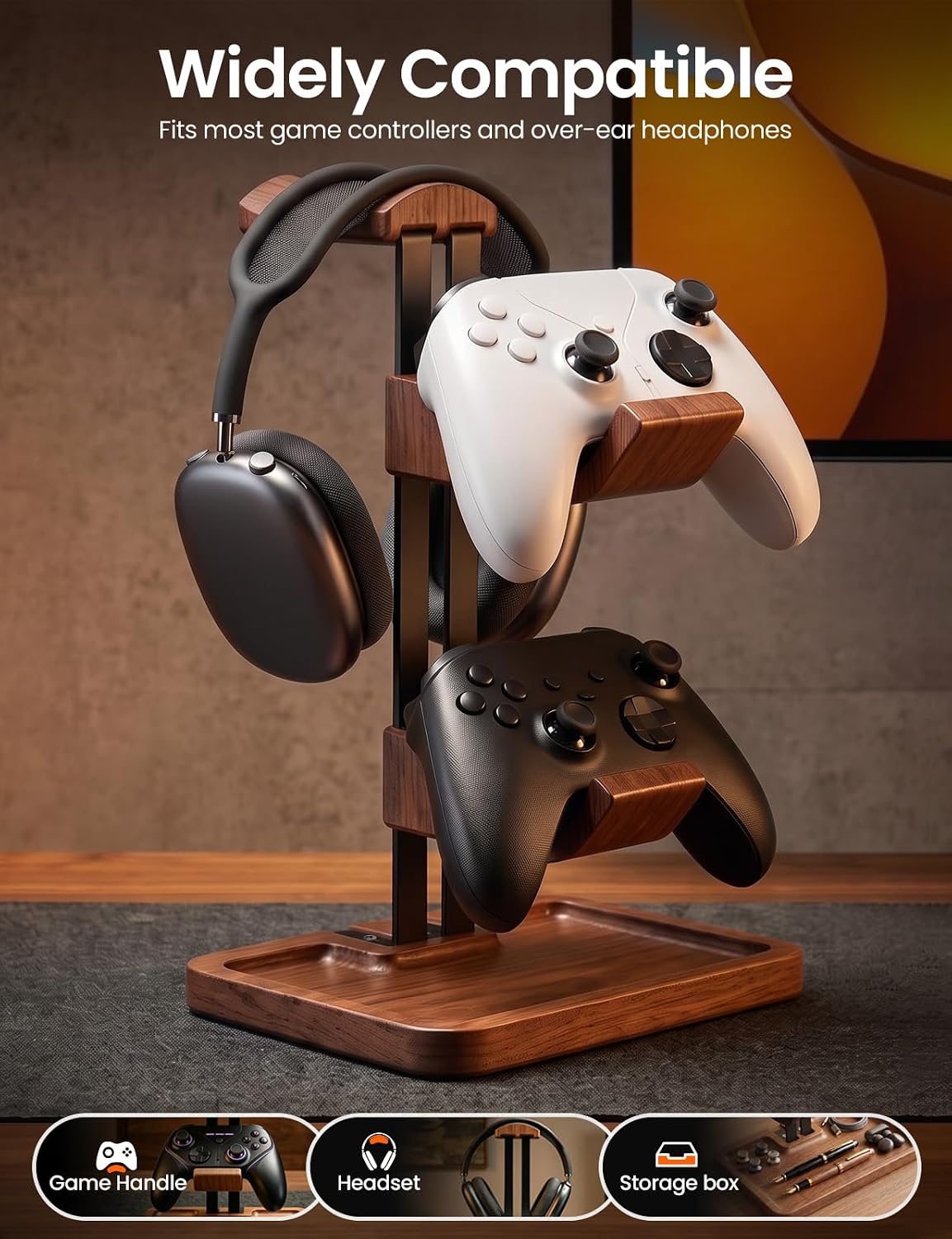 LOXP Walnut Headphone and Controller Stand, 2-in-1 Holder with Storage