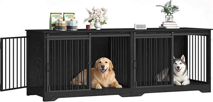 78" Dog Crate Furniture for 2 Dogs, Double Dog Cage with Divider, Wooden Heavy Duty Dogs Kennel, Pet Cage with Barn Door, TV Stand for Large Small Medium Pet, Black DFC83704B