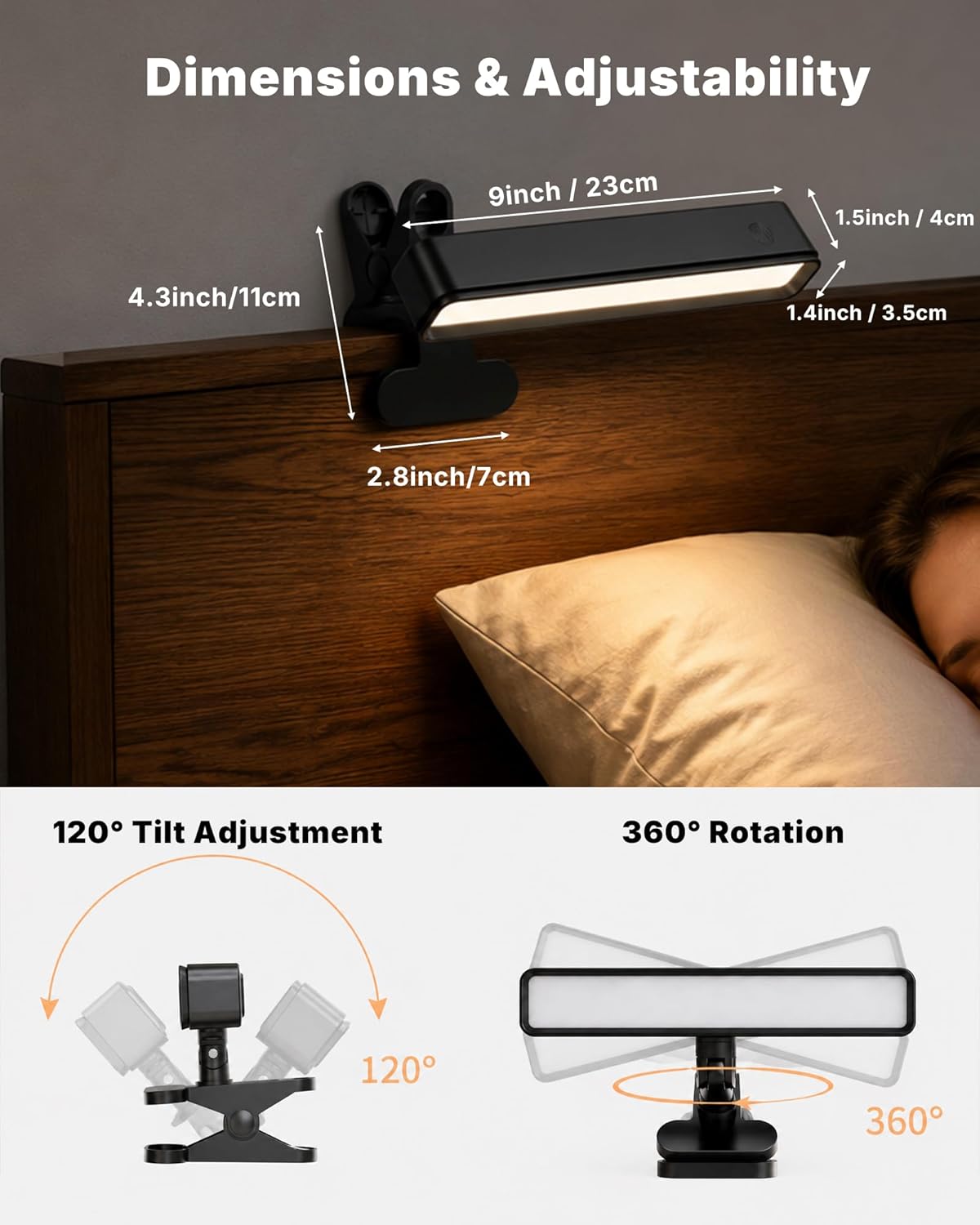 6000mAh Rechargeable Clip on Light, LED Reading Light for Bed/Desk, 3 Color Modes & Stepless Dimming, Portable Clamp Lamp with 360 Degree Adjustment, Battery Operated Work Light for Home Office, Black
