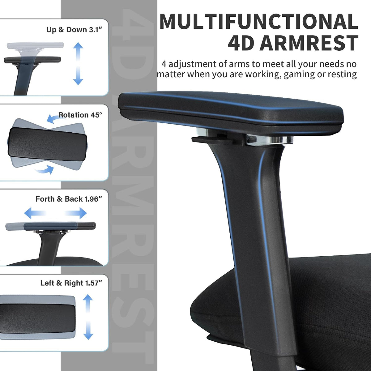 Ergonomic Office Chair with Footrest, 90-135° Reclining High Back Desk Chair with Lumbar Support, 2D Headrest, 4D Armrests, Computer Chair for Long Hours, Black
