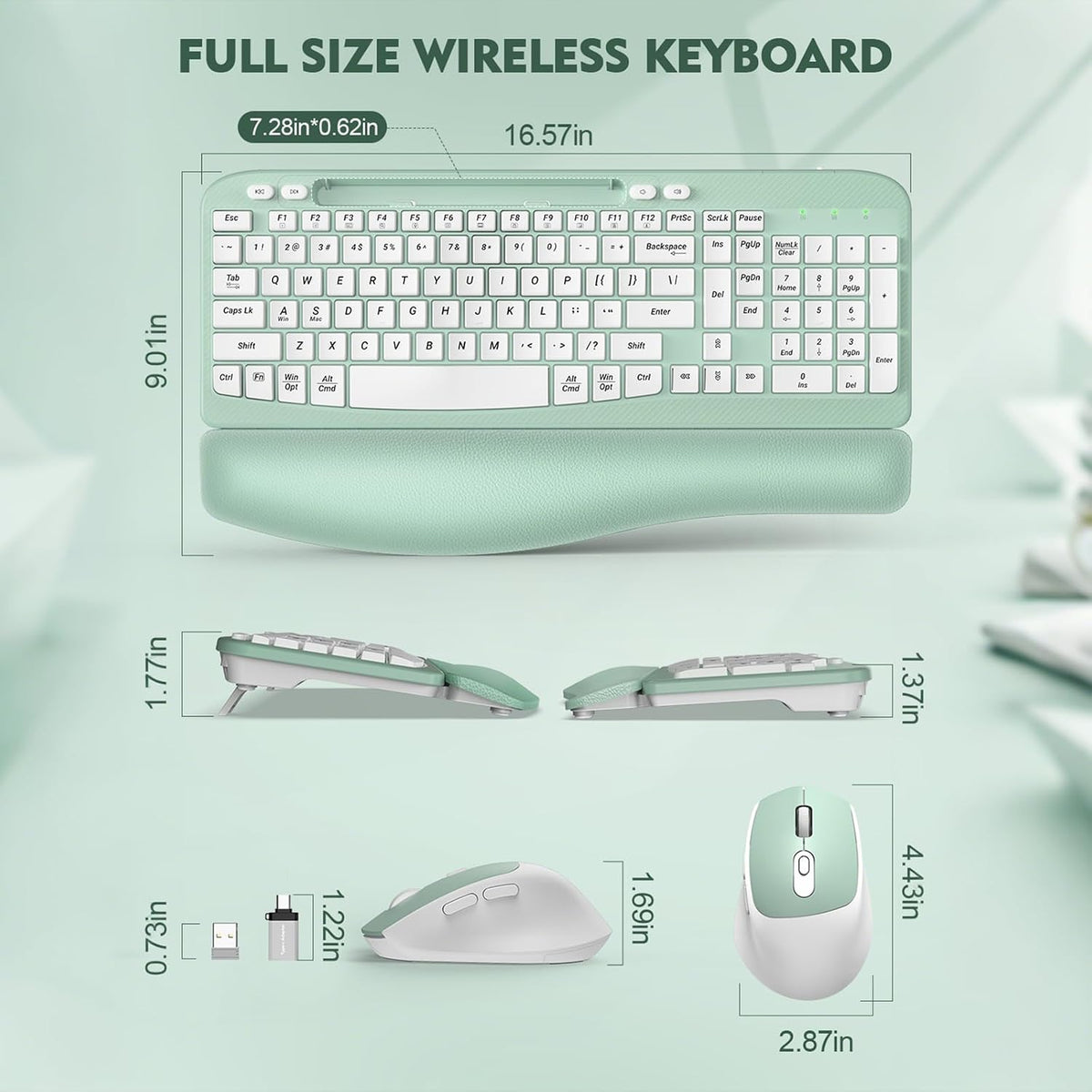 Wireless Keyboard and Mouse Combo, Full-Sized Ergonomic Wave Keys Keyboard with Memory Foam Wrist Rest & Phone Holder, 2.4G Quiet Keyboard Mouse Work Setup for PC Laptop, Office or Home (Mint Green)