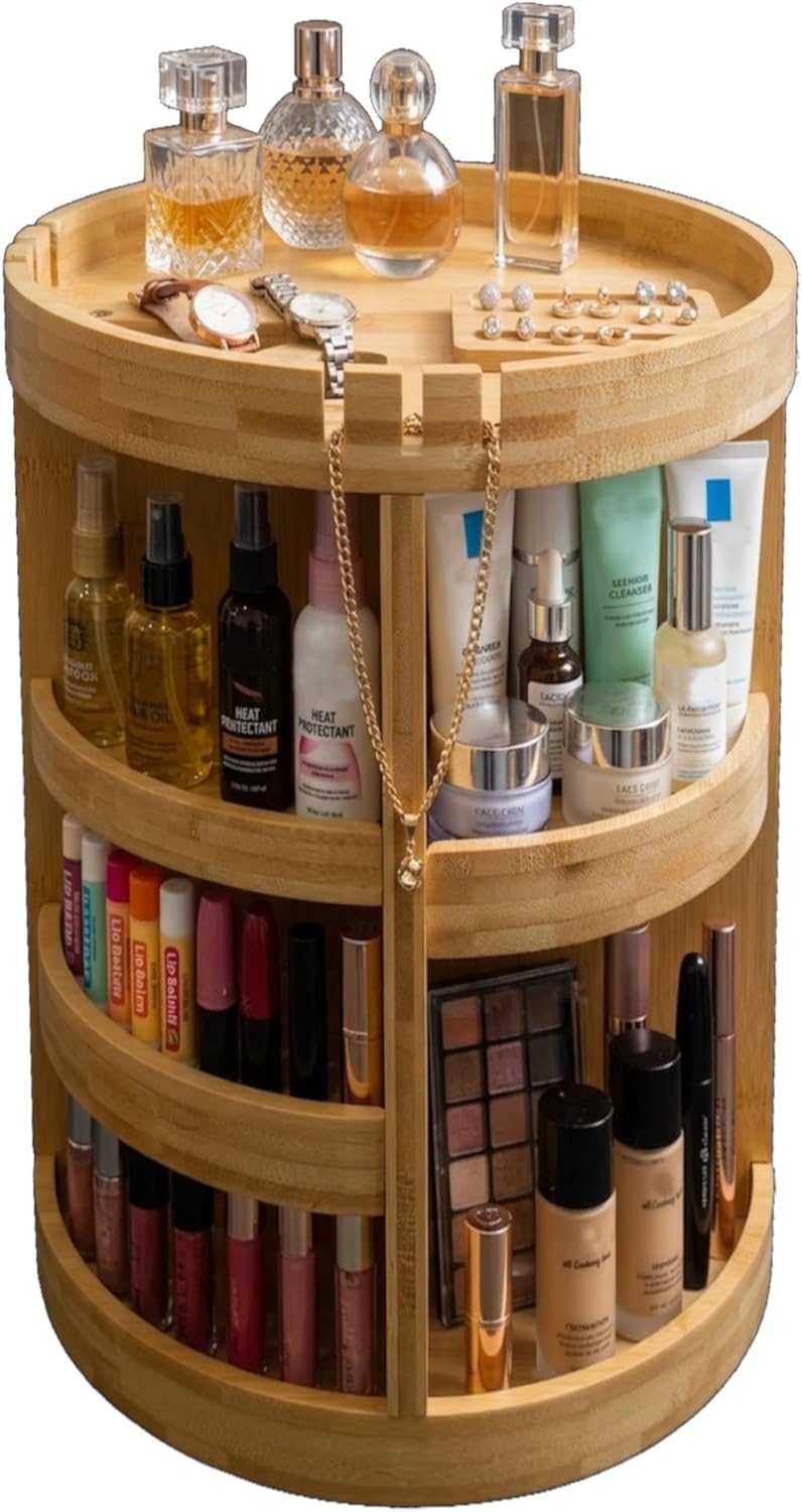 Bamboo Rotating Makeup Organizer with Adjustable Shelves - Round, Multipurpose Storage 360° Carousel for Vanity, Bathroom, Kitchen Countertop, Bedroom, Desk