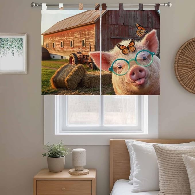 Farm Pig Kitchen Curtains 45 Inch Length, Short Cafe Window Curtains Tab Top