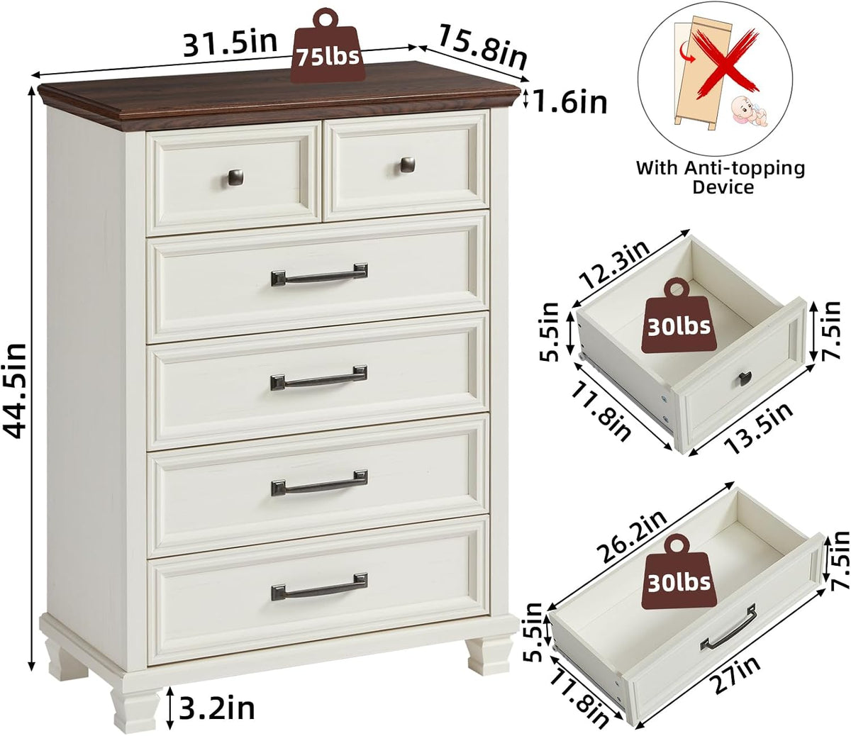 SAVOR LIFE Farmhouse 6 Drawer Dresser for Bedroom, 45 Inch Tall Vintage Wood Chest of Drawers, Rustic Dressers w/Square Wooden Legs, Mid-Century Storage Organizer for Living Room, Hallway, White