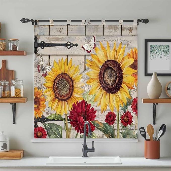 Red Yellow Sunflowers Living Room Curtains 84 Inch Length, Window Curtains Tab