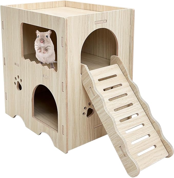 Hamiledyi Wooden Hamster Hideout Maze Double Layers Hamster Hut Small Animal Activity Toy with Ladder for Dwarf Hamster Gerbil Mouse Mice and Other Similar Sized Animals