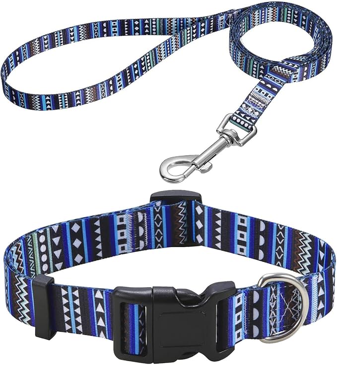 Dog Collar and Leash Set with Bohemia Floral Tribal Geometric Patterns - Soft Ethnic Style Collar Adjustable for Small Medium Large Dogs(Bohemian Blue Set,L)