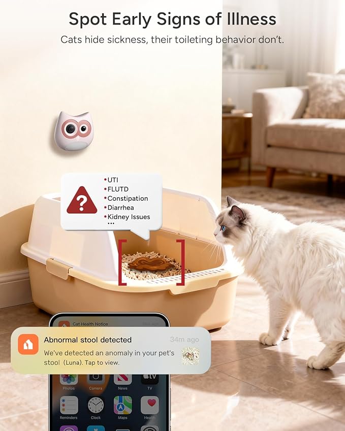 AI Cat Health Monitoring Litter Box Camera – Records Toileting Behavior, Alerts for UTI/Diarrhea, Fits Automatic & Standard Boxes, Multi-Cat Support, Night Vision