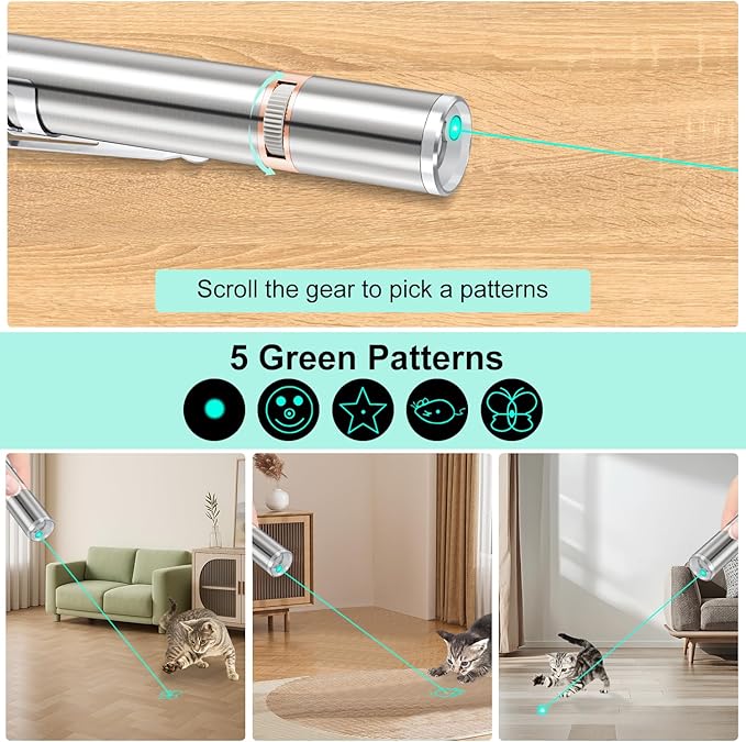 TBTeek Cat Toys for Indoor Cats, Unique Green Light, Rechargeable, 7 Adjustable Patterns, Interactive Kitten Pet Dog Red Dot Chase Light Toy for Cats Fun Playing Exercise(2 Pieces)