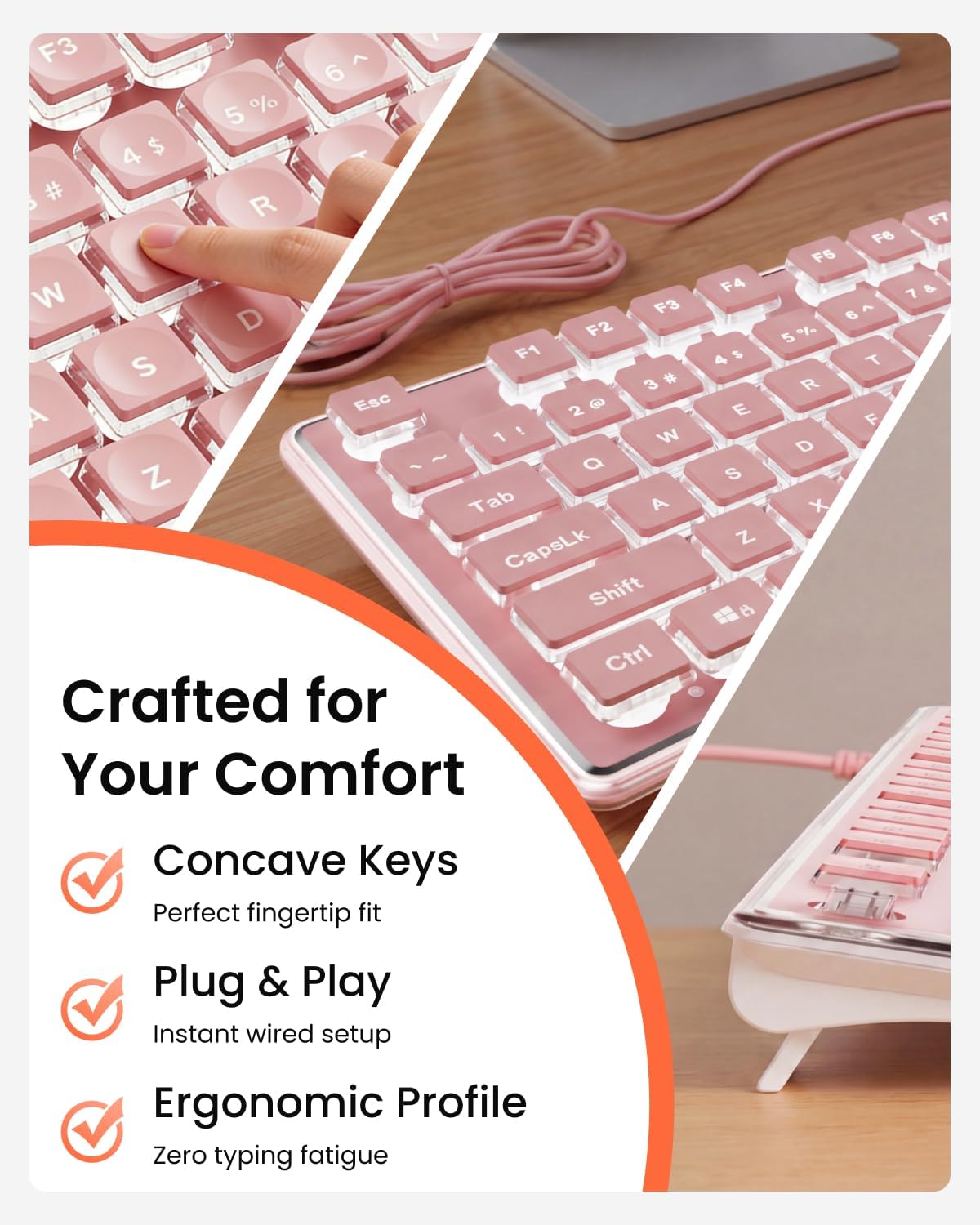Wired Keyboard with White Backlit, Never Fade, Soft Click Typing, Pink