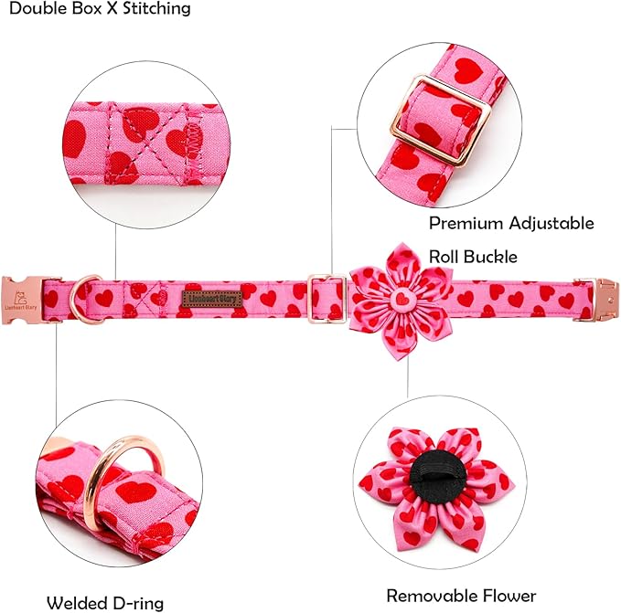 Lionheart glory Valentine's Day Dog Collar with Flower Dog Collar for Medium Dogs, Soft Adjustable Hearts Dogs Collars Spring Pet Collars Flower Puppy