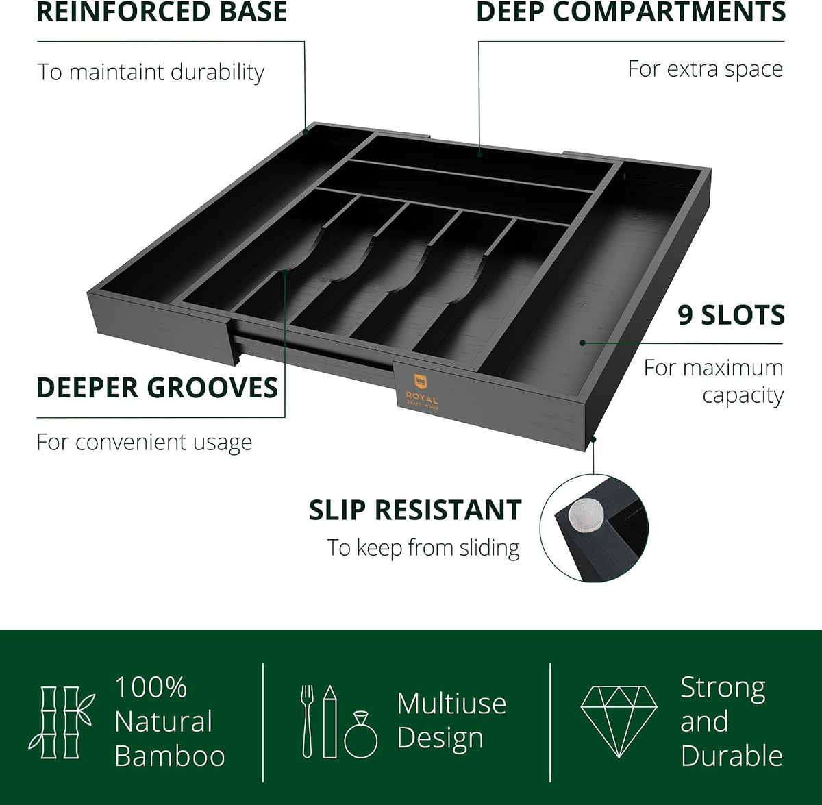 ROYAL CRAFT WOOD Luxury Bamboo Kitchen Drawer Organizer - Silverware Organizer - Utensil Holder and Cutlery Tray with Grooved Drawer Dividers for Flatware and Kitchen Utensils (9 Slot, Black)