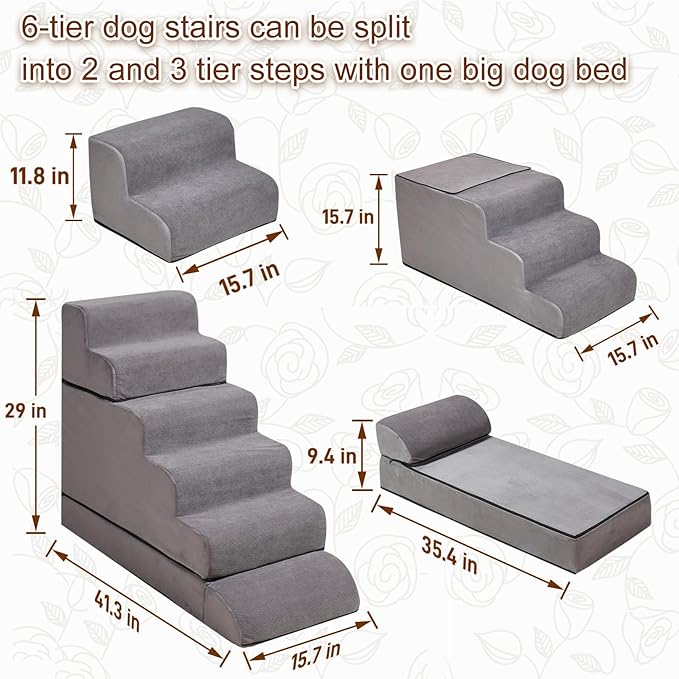 Dog Stairs for High Beds Up to 24-30"，Non-Slip 6 Steps Pet Stairs for Small Medium Dogs & Senior Cat，Washable Cover