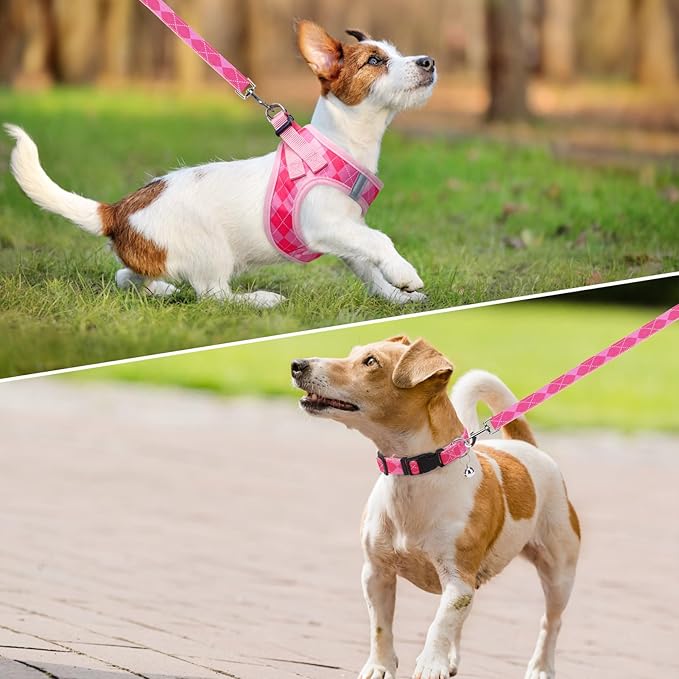 SCENEREAL Small Dog Harness and Leash Collar Set, Step in No Pull Soft Mesh Dog Harnesses for Small Medium Sized Dogs Puppy and Cats Outdoor Walking, No Chock Reflective Vest Harness, Pink Plaid M