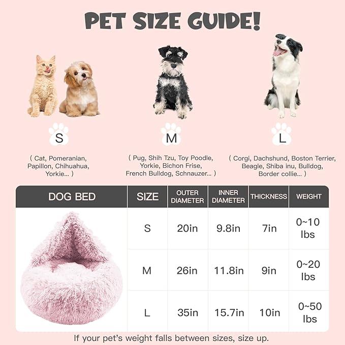 Himax Calming Anti-Anxiety Dog Bed for Medium Dogs With Attached Blanket - Pink, Fluffy, Washable (20"/26"/35")