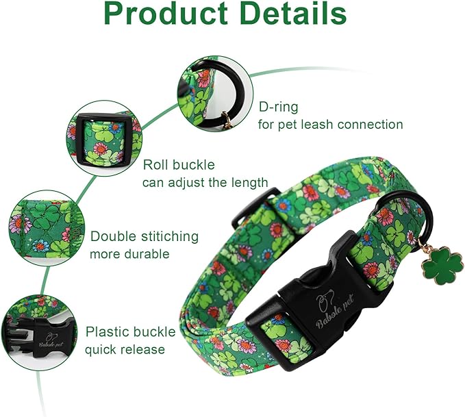 St Patricks Day Dog Collar for Small Dogs - Lucky Flower Shamrock Green Dog Collars, Cute Irish Clover Puppy Collar with Quick Release Buckle for Girls&Boys Dogs XS