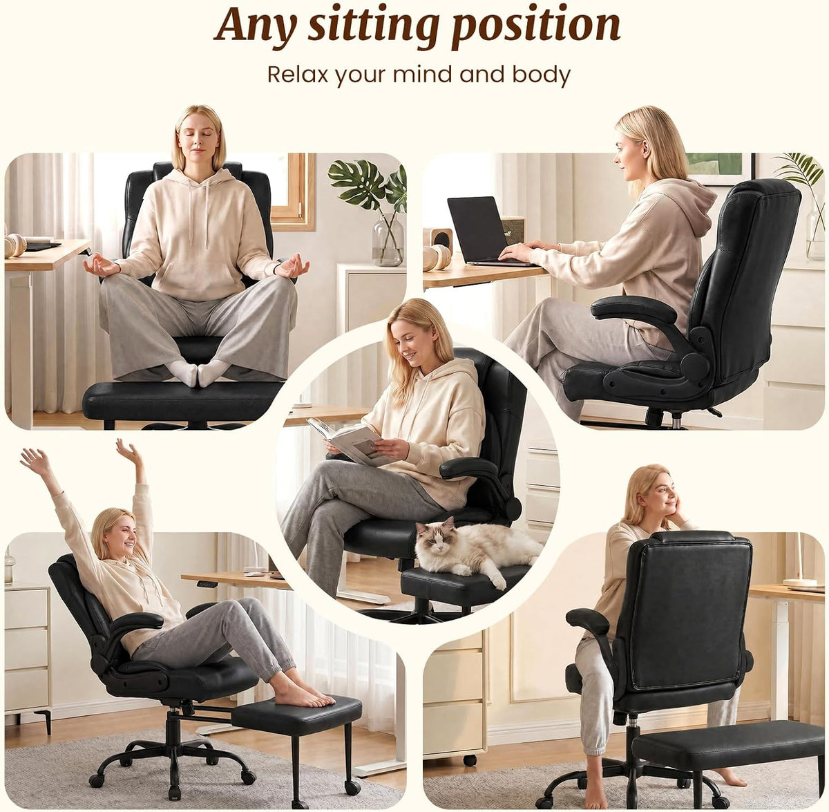 Cross Legged Office Chair with Arms, Wide Criss Cross Chair with Wheels, 360° Rotating Footrest, Height Adjustable Swivel Chair for ADHD, Heavy Duty Ergonomic Office Chair for Home Office Relaxing