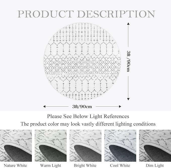 Lahome Moroccan Round Area Rug - 3Ft Round Rug Non-Slip Washable Soft Round