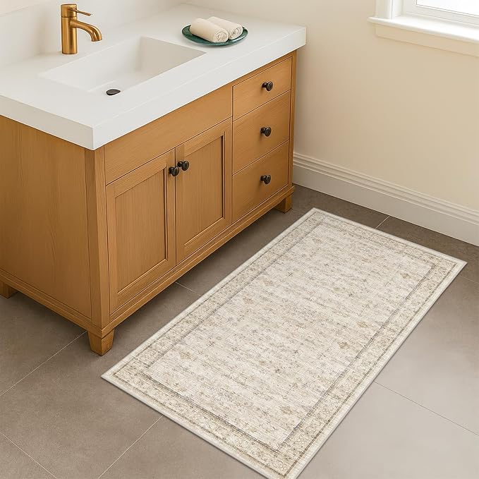 Cream 2x5 Runner Rugs for Bathroom Floor, Geometric Floral Throw Rugs Washable