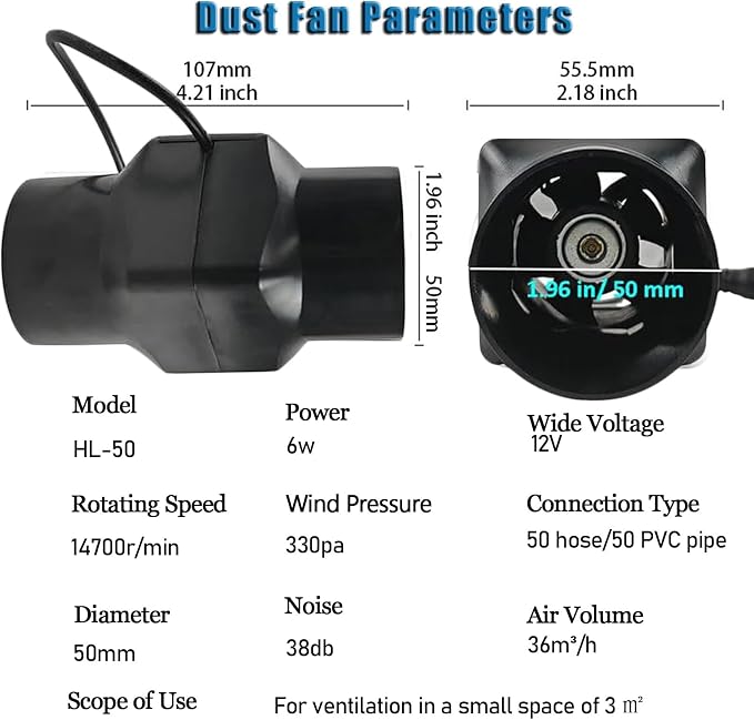 2“ Inline Duct Fan 12V 22 Cfm HVAC Quiet Exhaust Blower Small Ventilation Fan