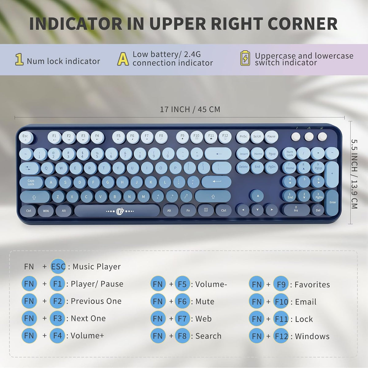 FOPETT Wireless Keyboard and Mouse Combo - 2.4G Full-Sized Cute Colorful Mouse and Keyboard with 104 Round Keys Retro Typewriter Keyboard for Laptop/Windows/PC - Blue Gradient