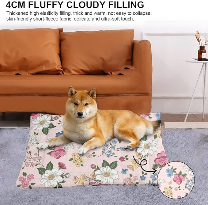 Vintage Cute Pink Floral Washable Dog Bed Crate Mat Washable Pet Bed Pad Dog for Small Crate Non-Slip Pillow for Soft and Comfortable Pet Mat Kennel Pillow Dogs Indoor Outdoor 24X18 Inch