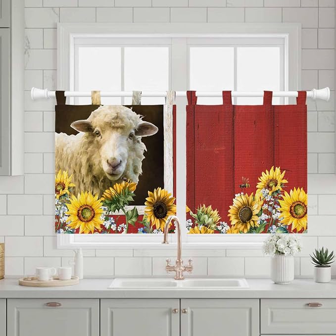 Sheep Flowers Kitchen Curtains 36 Inch Length, Small Window Curtains Tab Top