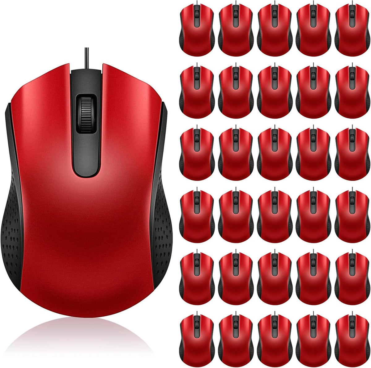 Bonuci 30 Pack Computer USB Wired Mouse Bulk 3 Button 800/1200 DPI Red