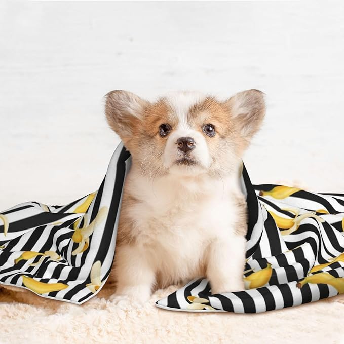 Two Sided Plush Pet Blanket for Crates Carriers Home Use, Banana and Strap, Reversible Throw with Cozy Dot Fabric and Silky Reverse for Small Large Pets