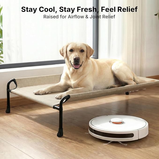 Veehoo Outdoor Dog Bed, Raised Dog Bed for Large Dogs, Elevated Pet Bed with Headrest, Washable Cooling Dog Cot, Breathable Pet Hammock for Indoor or Camping, 41", Non-Skid, Beige