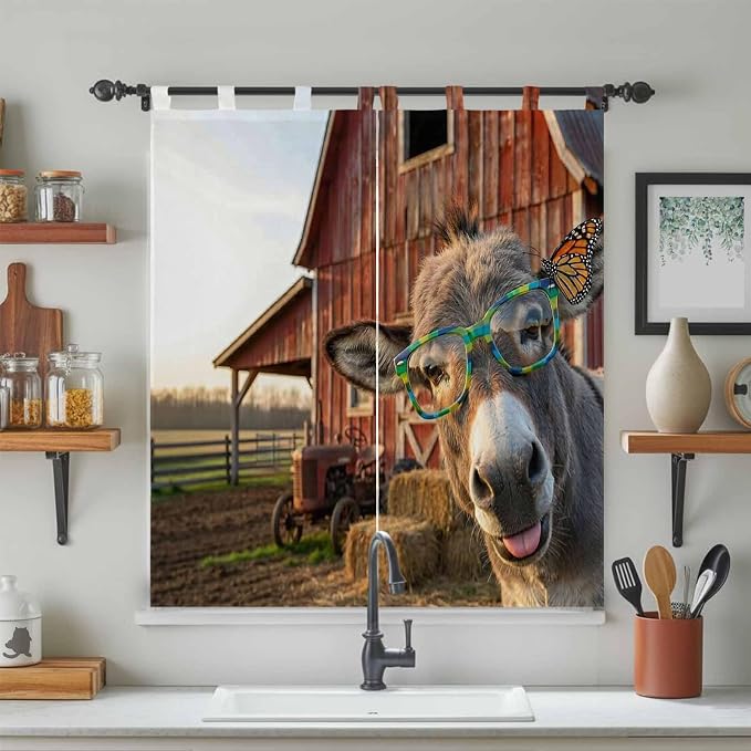 Farm Donkeys Living Room Curtains 84 Inch Length, Window Curtains Tab Top