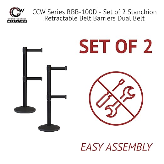 CCW Series RBB-100D - Set of 2 Stanchion Retractable Belt Barriers Dual Belt - Easy to Assemble, No Tools Required (11 Foot Belt, Black Belt with Black Post)